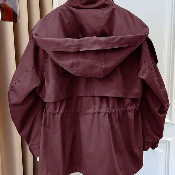 Burgundy Casual Women's Drawstring Pocket Front Button Trench Coat - Picture 2 of 5